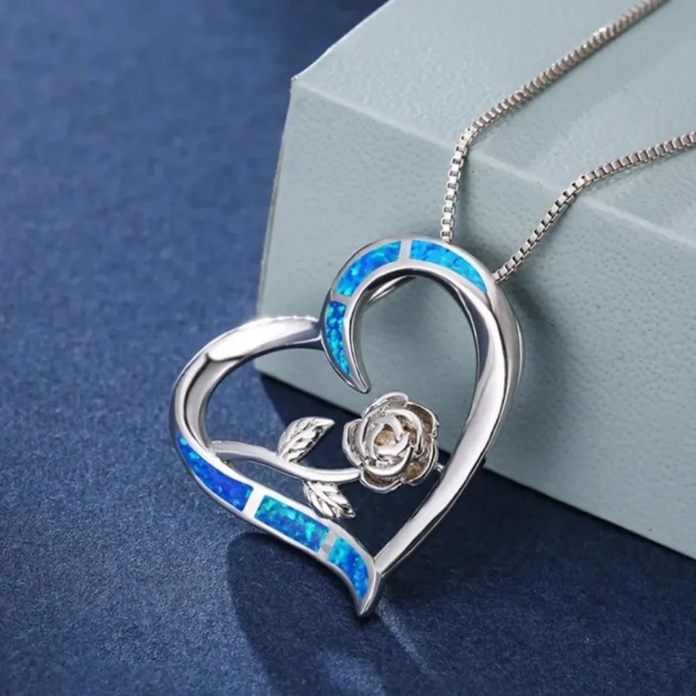 🆕 | Blue Simulated Opal | Rose Flower | 14K White Gold Plated Women’s Necklace - Picture 7 of 7